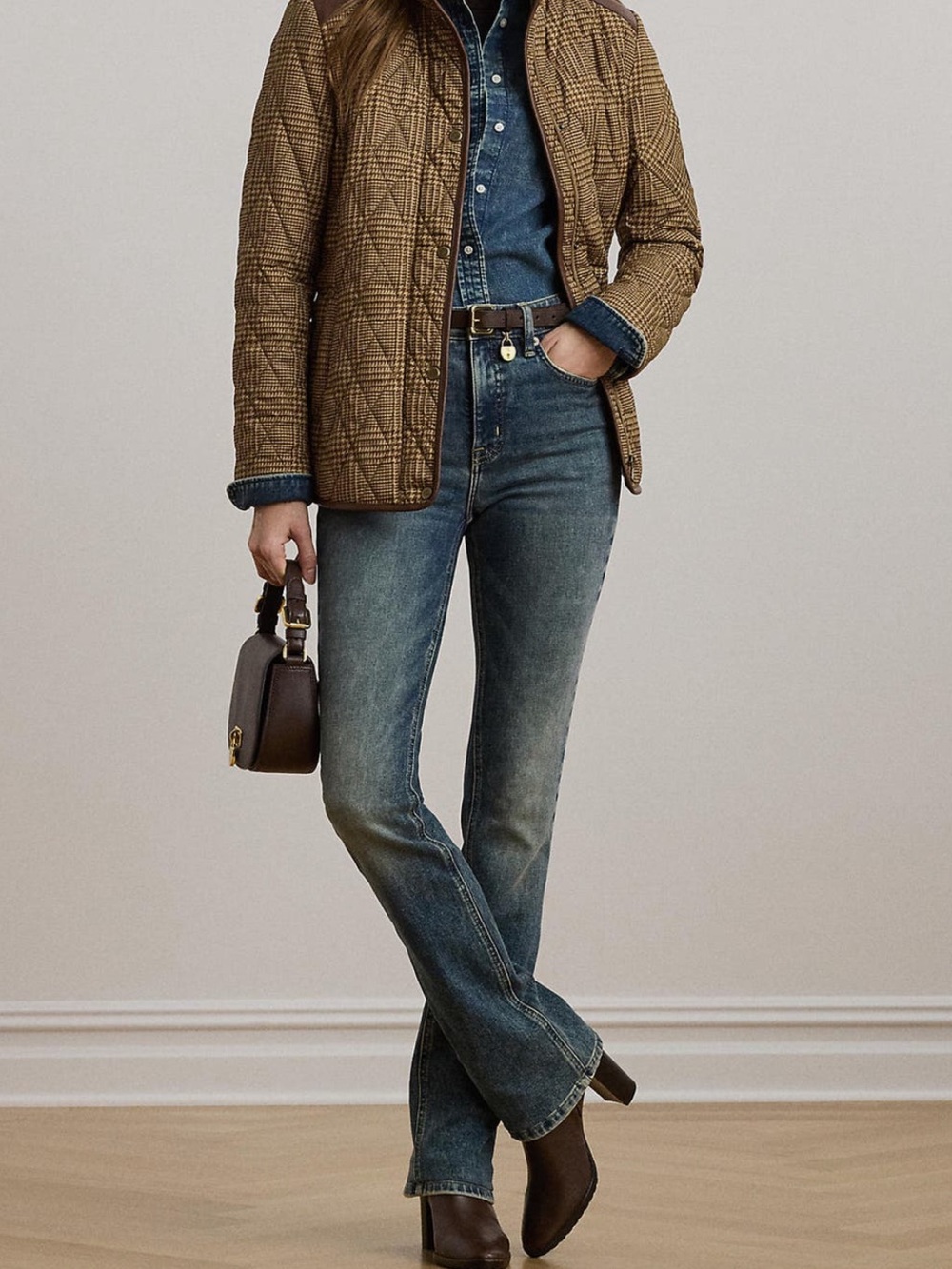 NWT Lauren Ralph Lauren Women's Tan brown mini check Quilted collar Coat preppy